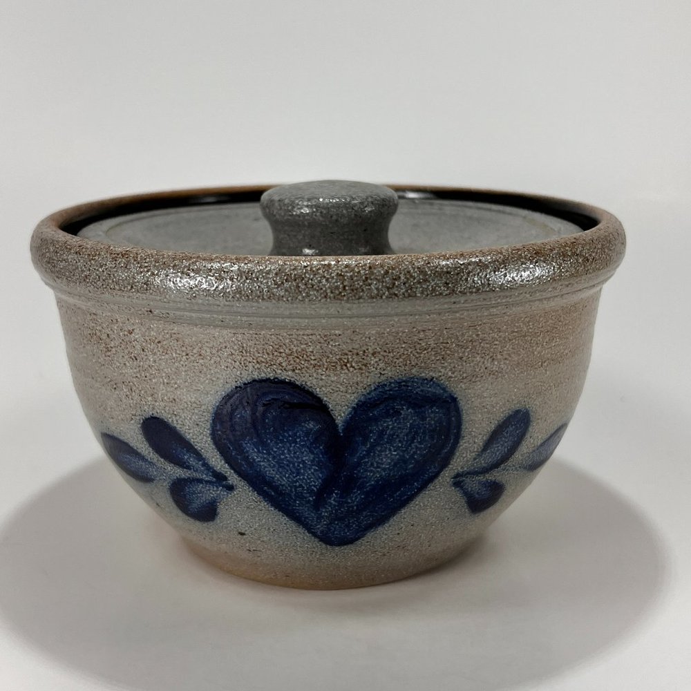 Vtg Rowe Pottery Works Butter Dish Crock Lid Stoneware Salt Glazed 80s